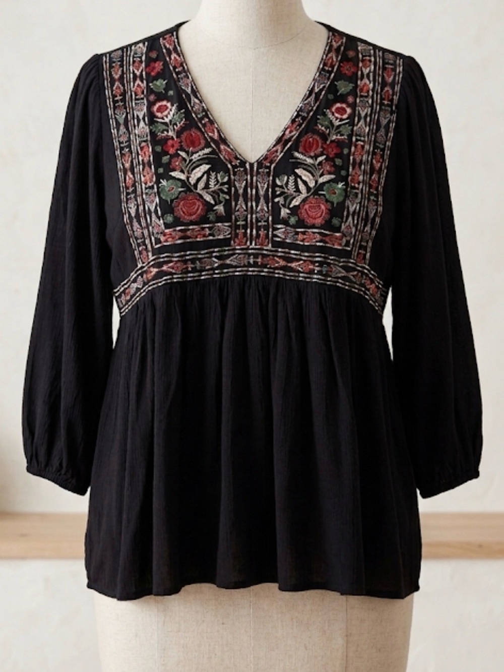 Knox Rose Black Tunic with Red & Green Floral Embroidery